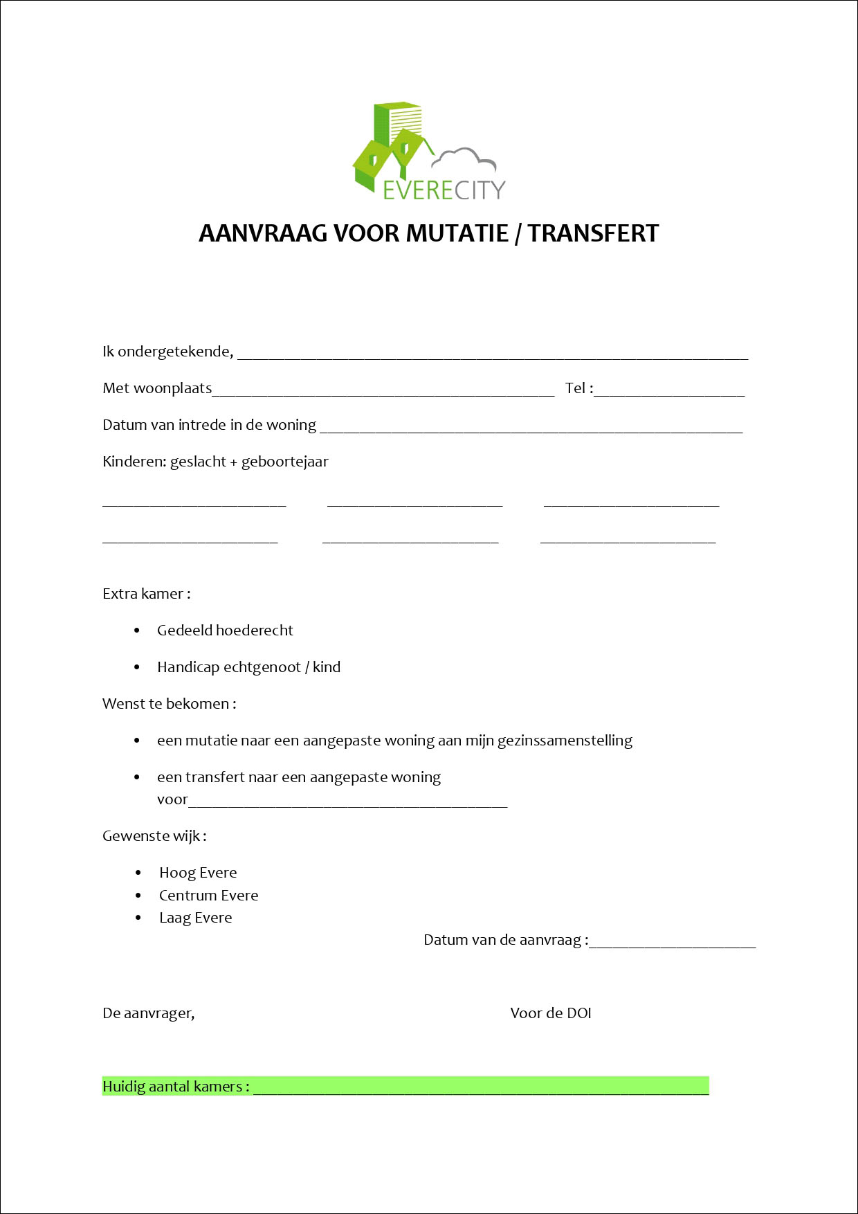 Aanvraag voor mutatie/transfert